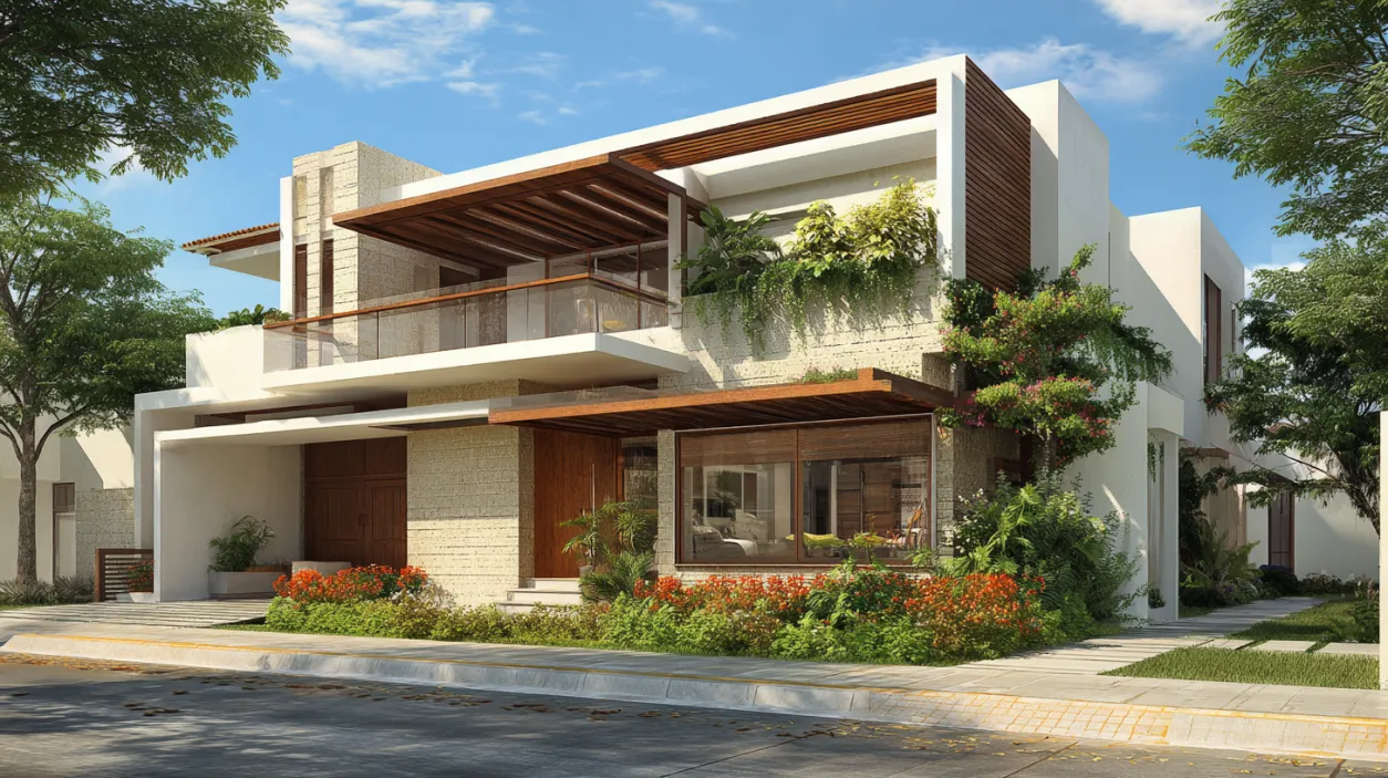 Modern Indian home with balcony and greenery
