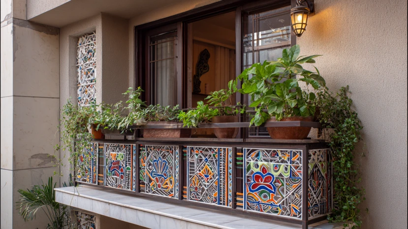 warli art pattern featured in a modern balcony window grill design