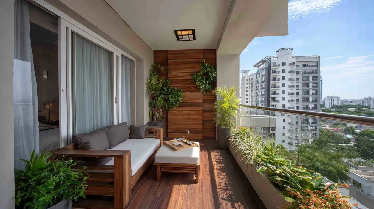 Modern Low Budget Small House balcony with wooden flooring and lush green plants.