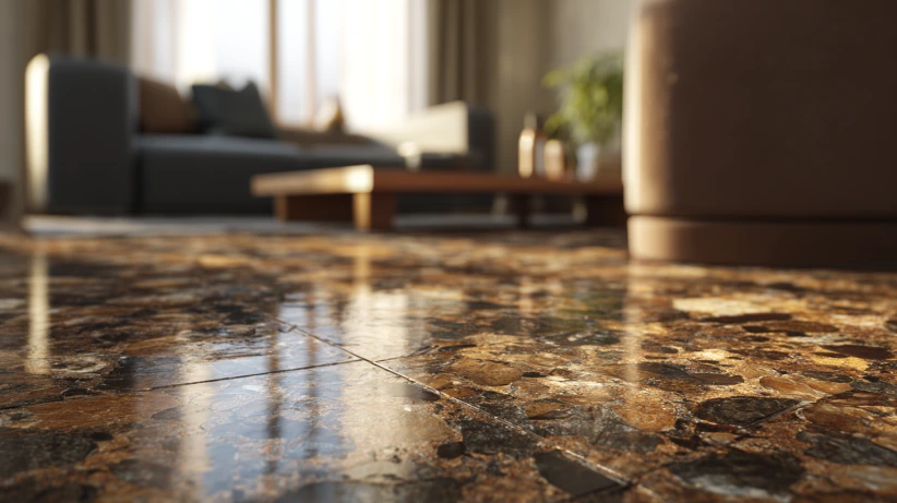 baltic brown finish used in warm living room granite flooring