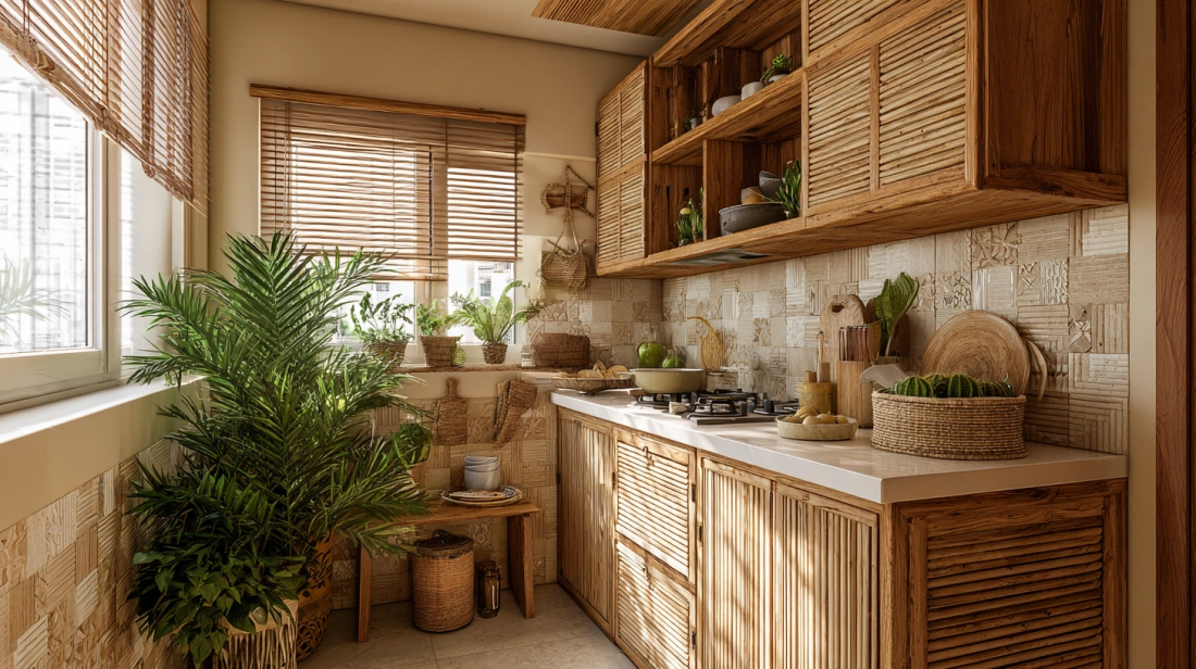 Bamboo shutters in eco friendly Indian tropical kitchen