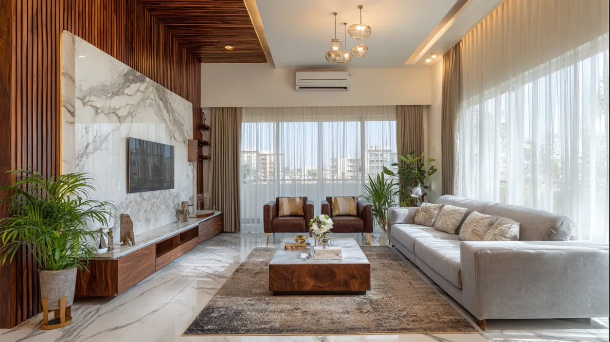Luxury Bangalore flat interiors with marble wall sleek