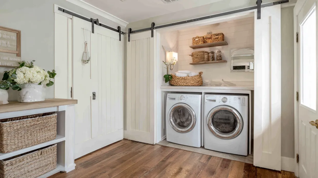 white barn doors hiding laundry machines in compact utility room