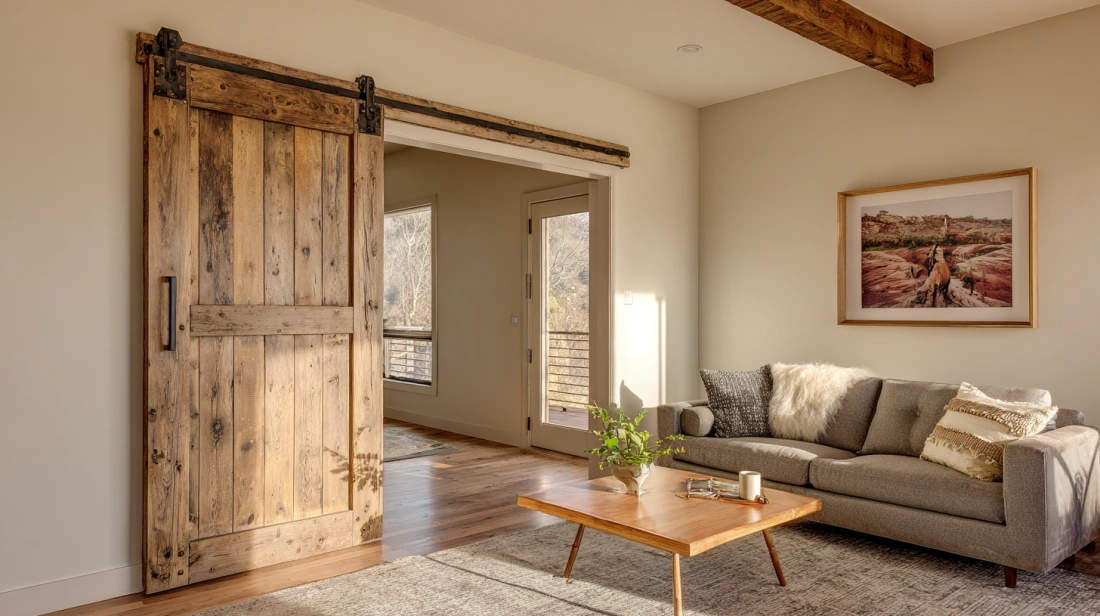 Sliding barn style veneer door inside Indian living room