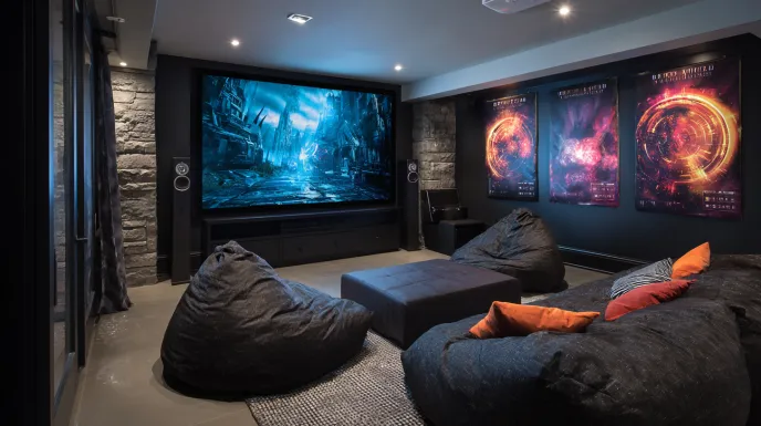 basement gaming room design with projector and surround sound