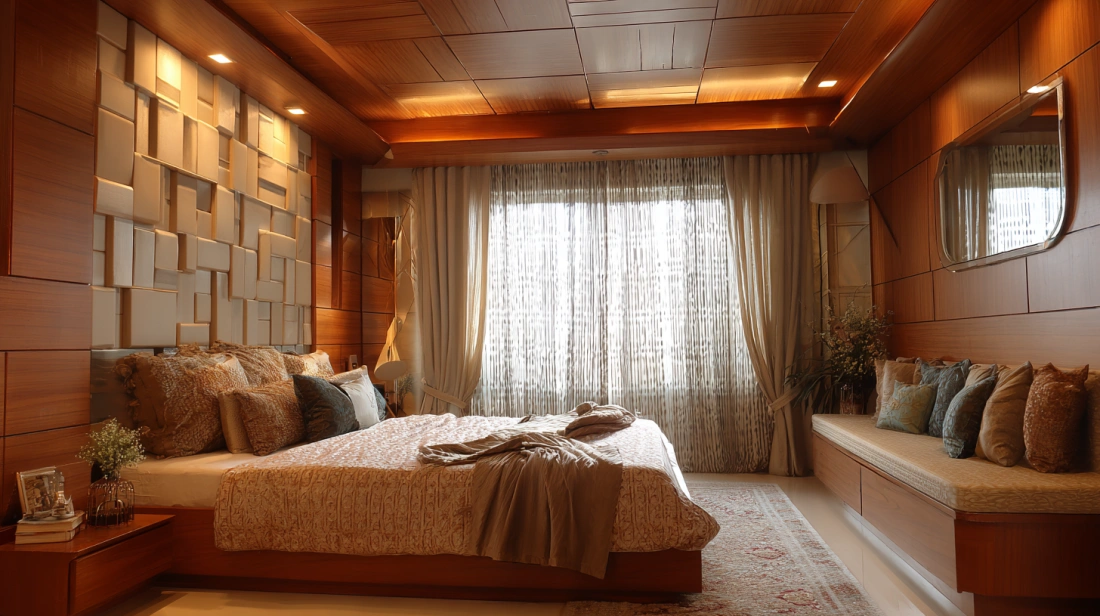 Basket weave PVC ceiling pattern with warm bedroom lights
