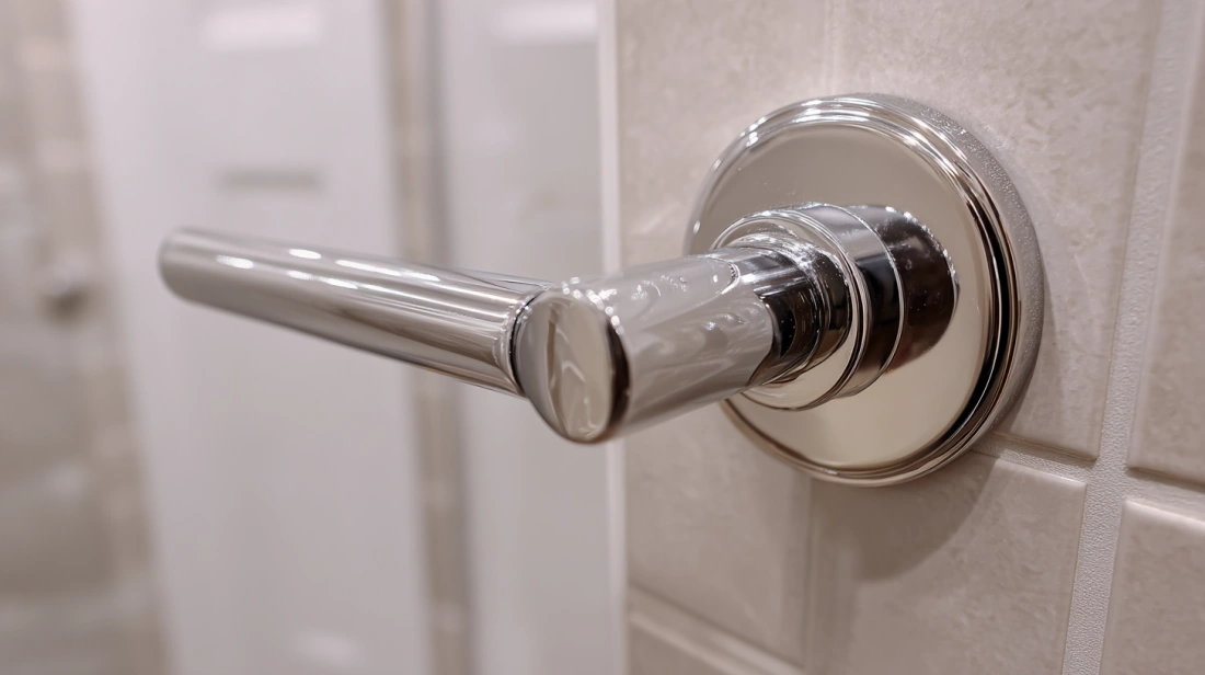 Chrome handle on bathroom door panel