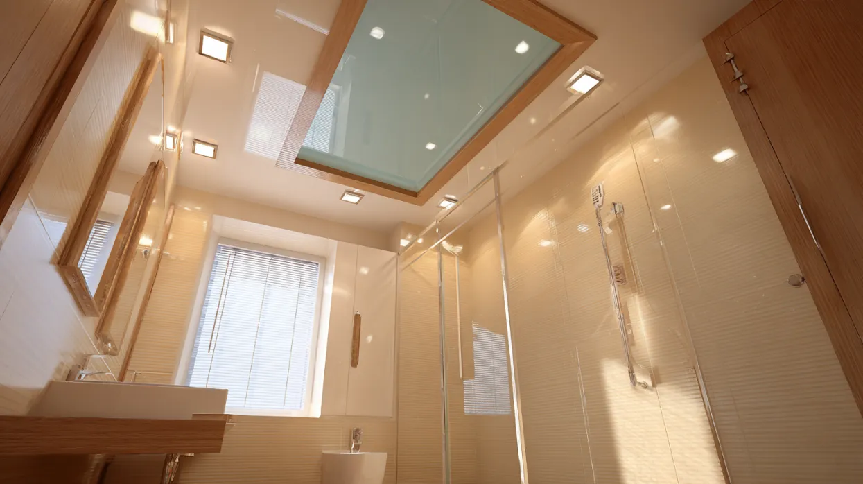 pop ceiling design for bathroom with glass and natural light
