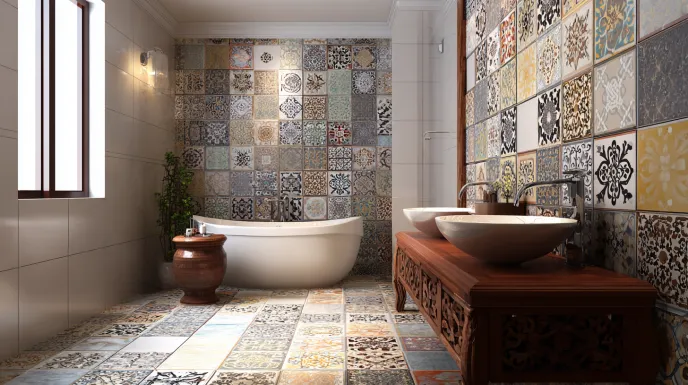Bold bathroom tile design featuring a colorful patchwork accent wall.