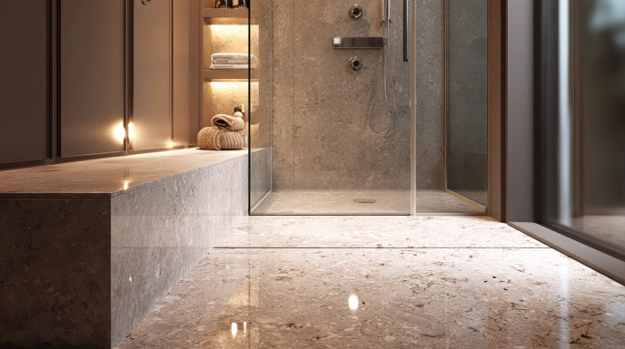 Granite flooring in bathrooms ensures durability with a refined, modern look.