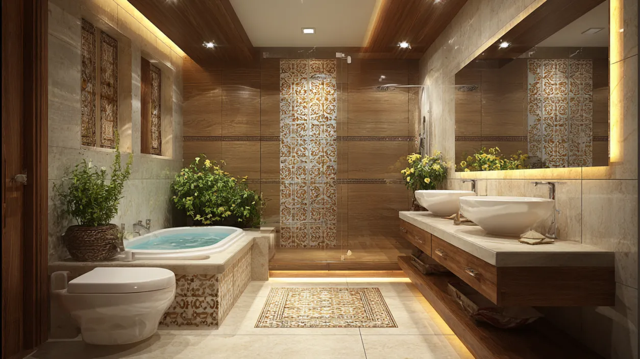 Spa-like bathroom with wood walls and soaking tub.