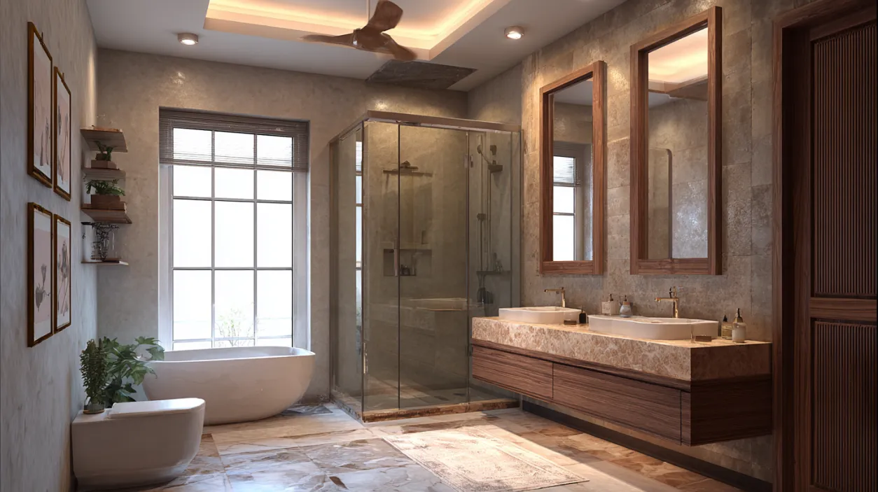 Spacious bathroom design with double vanity and large window view.