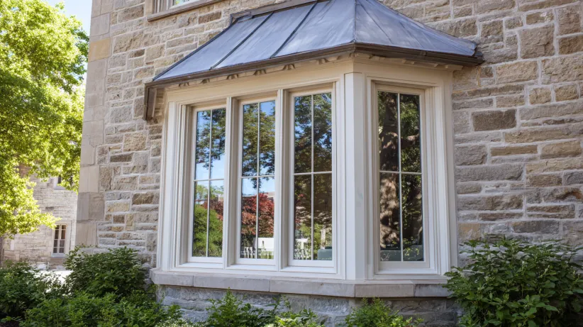 White wooden bay window with a copper roof on a traditional stone house exterior.