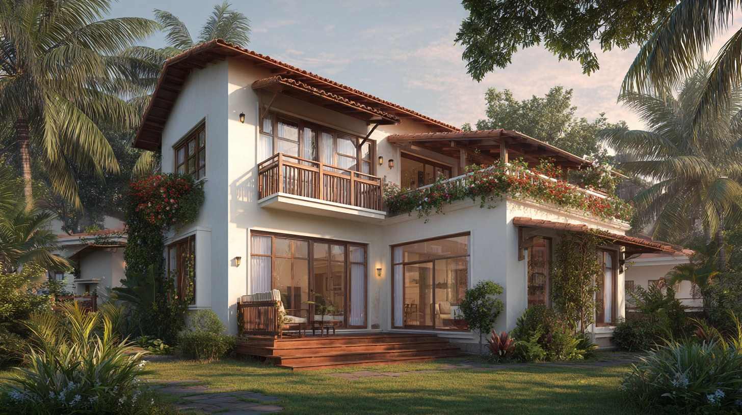 Goa style coastal home with balcony and palms