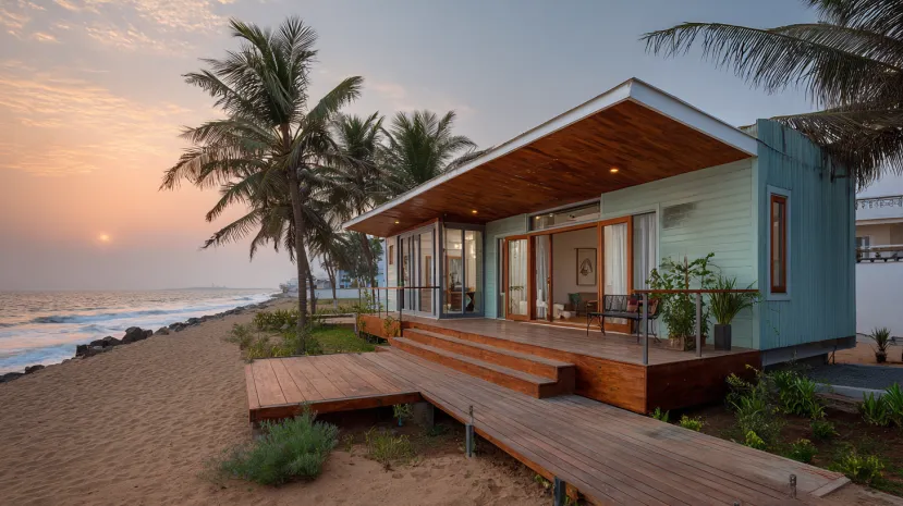 Beachfront bungalow village single-floor home front design
