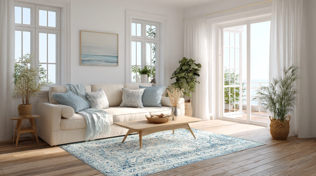 Beach blue rug adds breezy charm to Indian living room décor