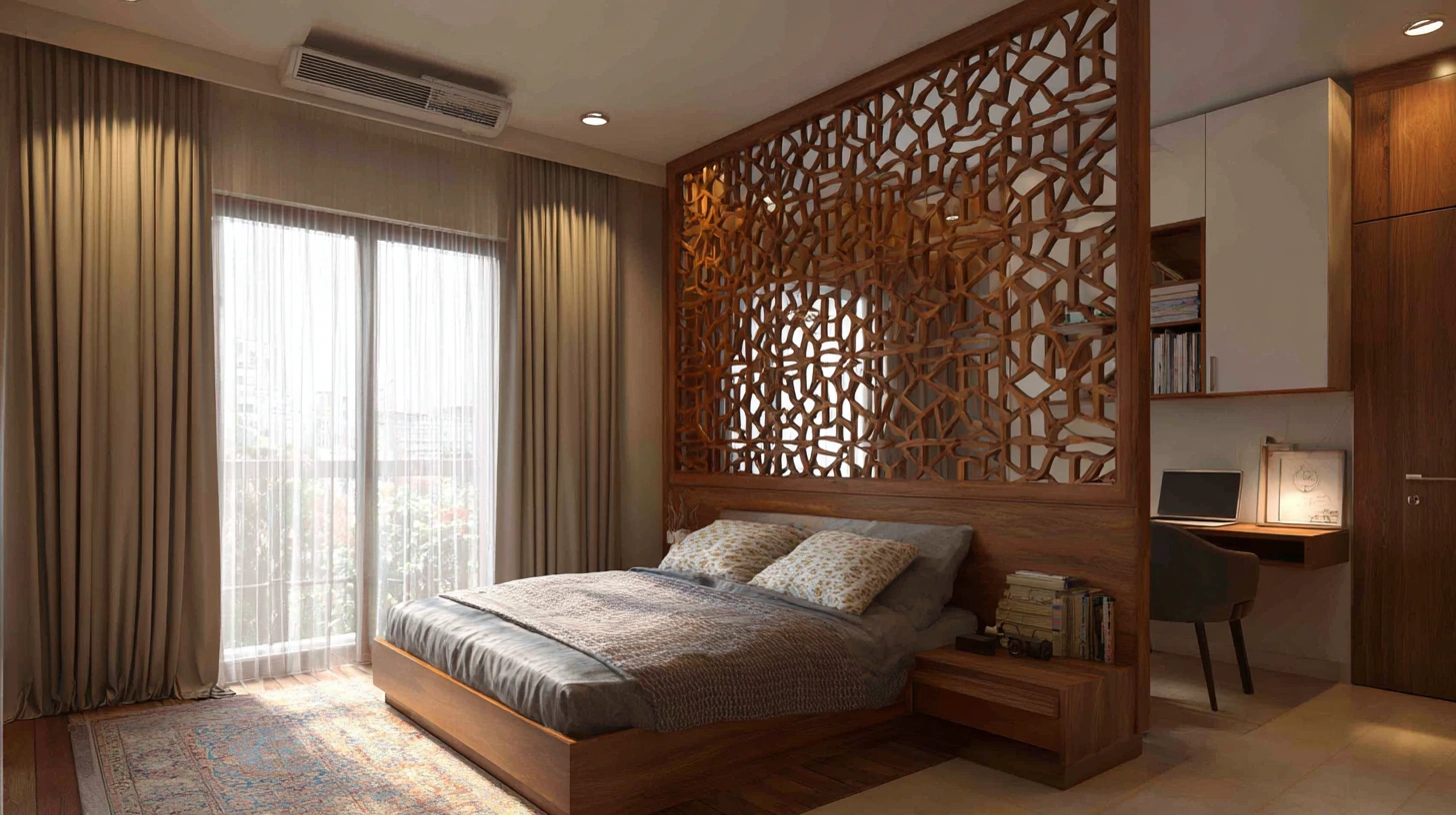 Intricate timber divider separating bed and desk