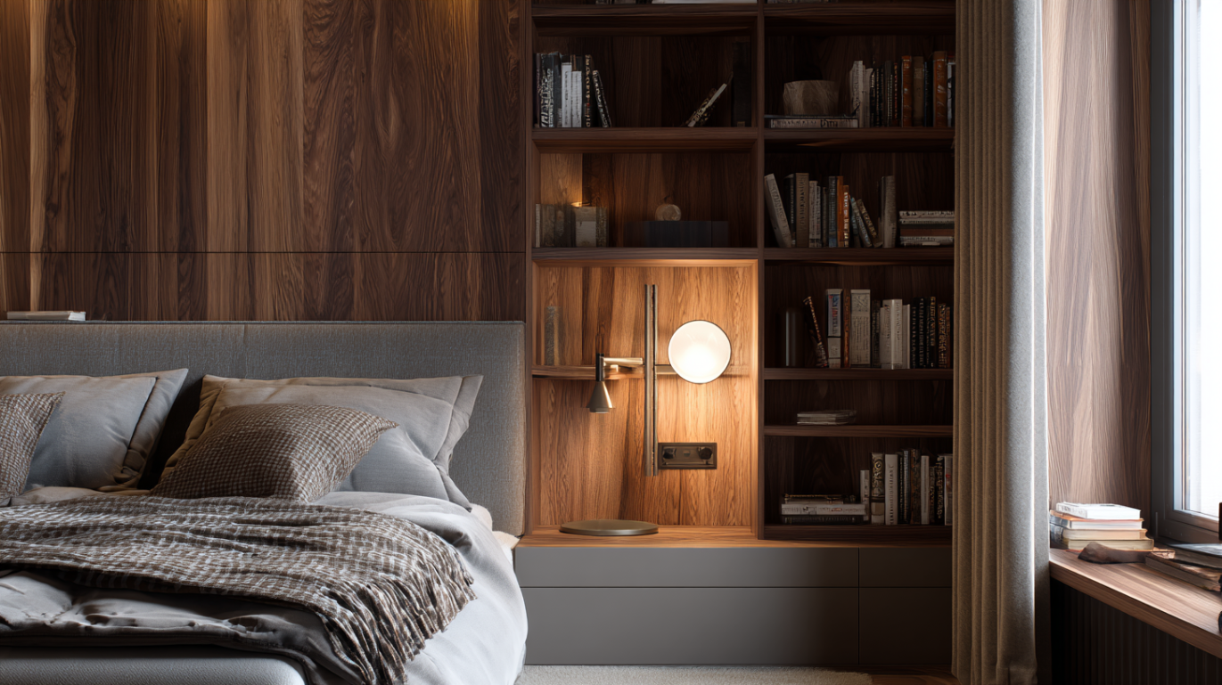 Floor-to-ceiling bedroom corner shelf design