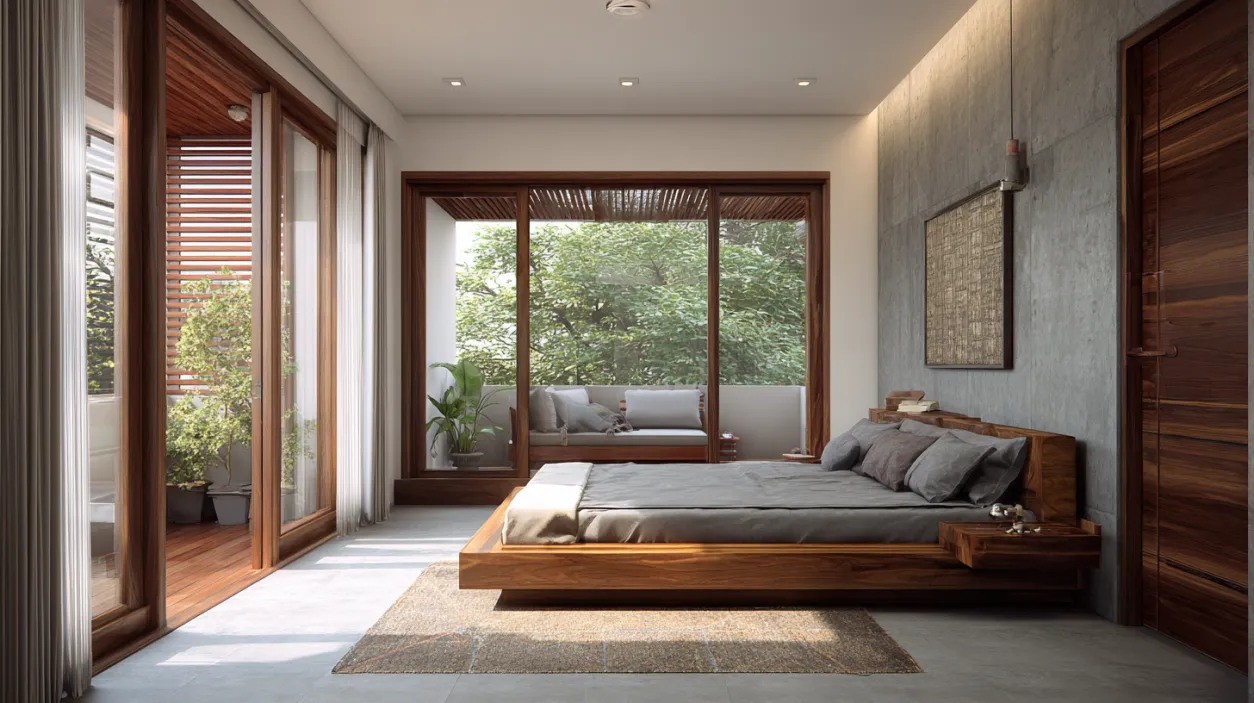 Large sliding glass bedroom door with wooden frame