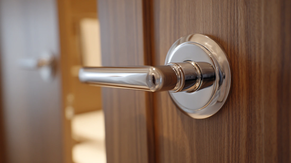 Chrome handle on bedroom wooden door