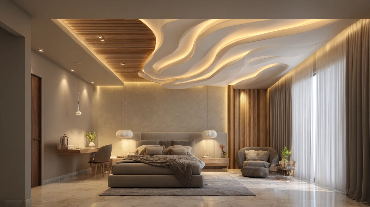 Bedroom ceilings focused on comfort with subtle lighting designs.