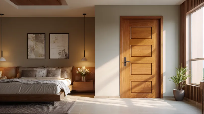 Classic wooden bedroom door with four panel design detail