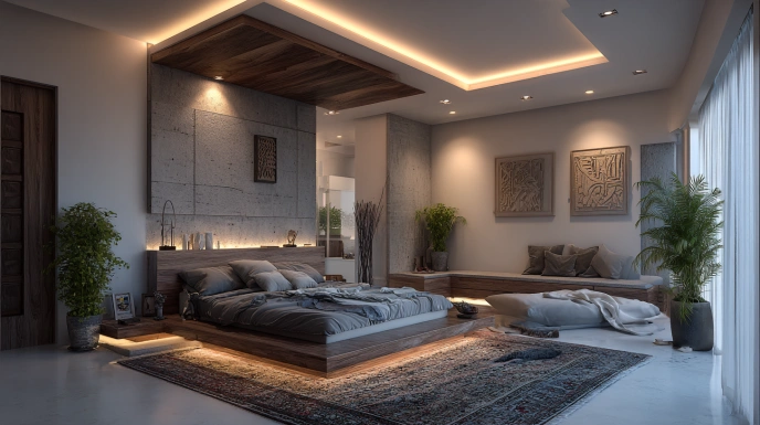 Bedroom with simple gypsum false ceiling design