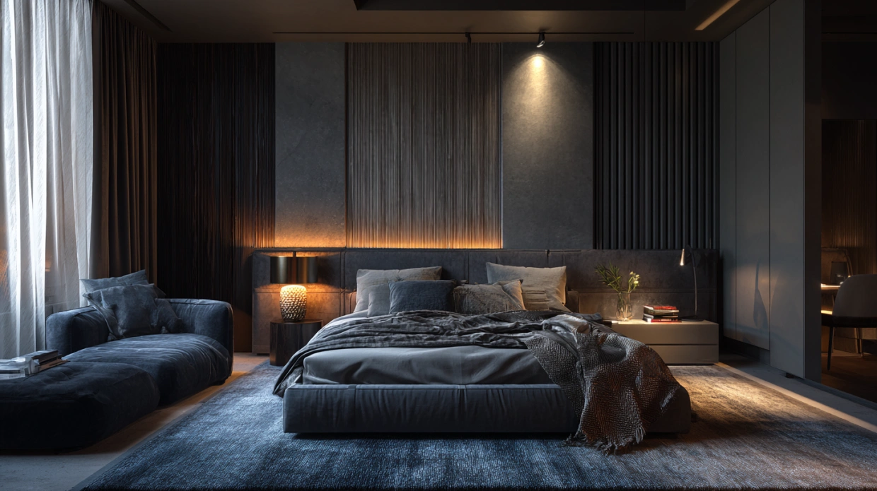Moody bedroom with deep tones and soft lighting