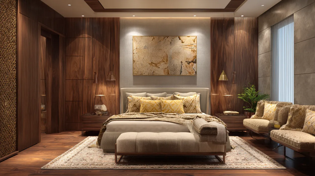 Luxury bedroom interior design Bangalore with city skyline view.