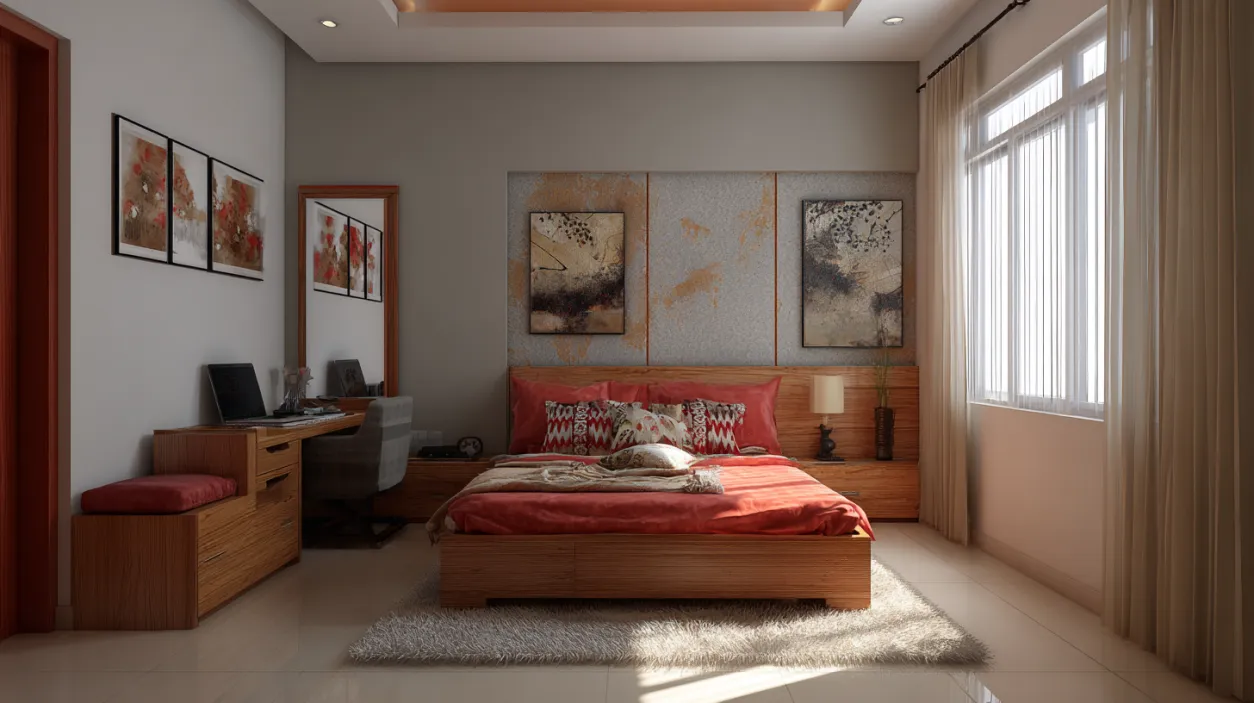 Modern bedroom interior design ideas with red bedding.