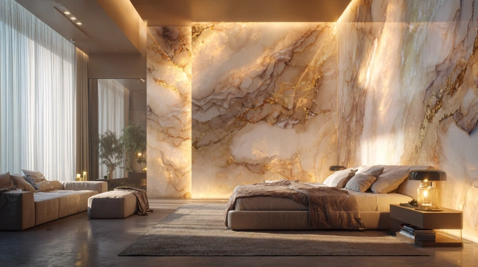 Bedroom with marble surfaces and soft material contrast