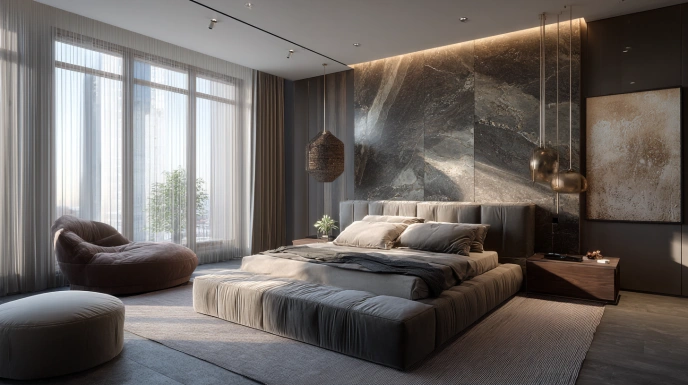 Bedroom with tall upholstered headboard design