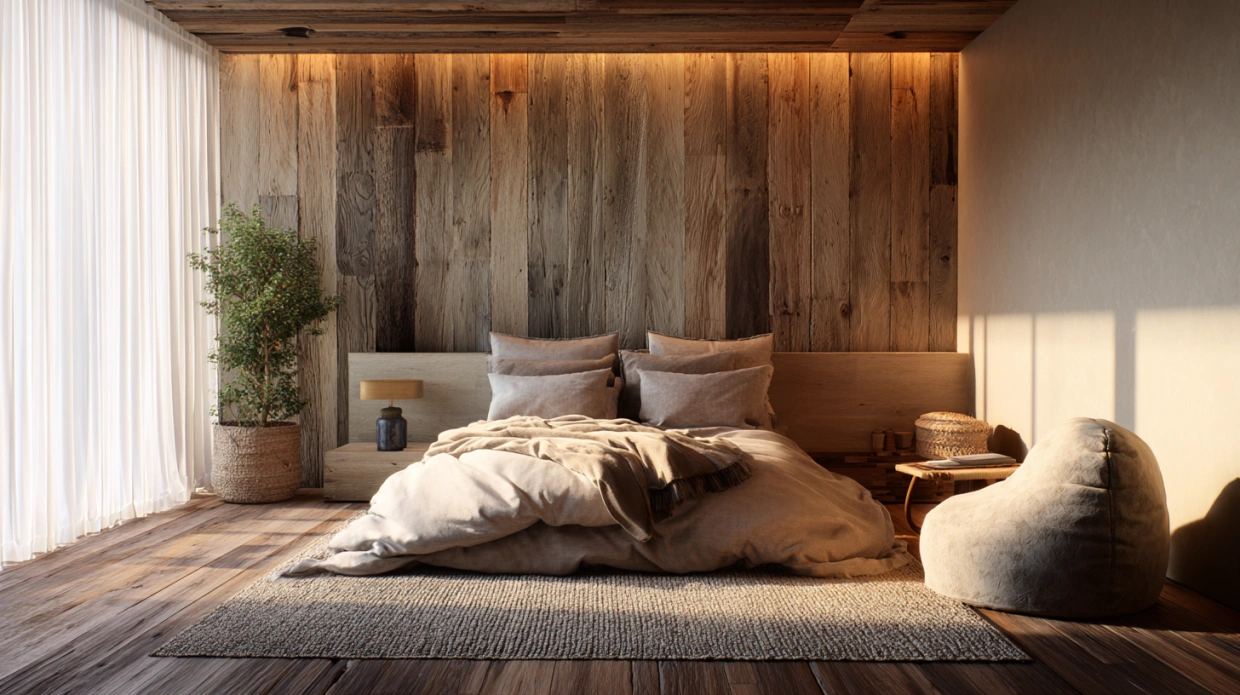Bedroom with warm wood finishes and natural textures