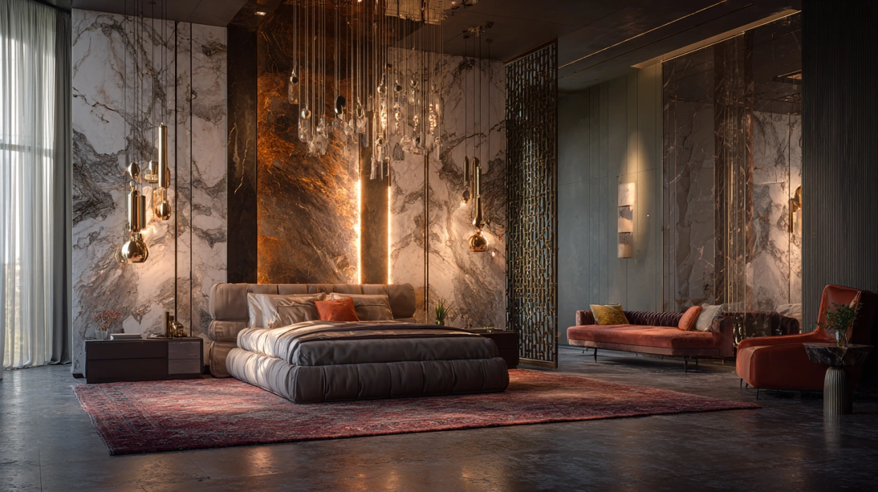 Bedroom with dramatic lighting highlighting key areas