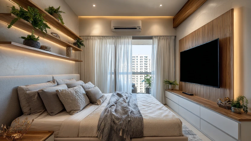 LED backlit tv panel design for bedroom with soft glow