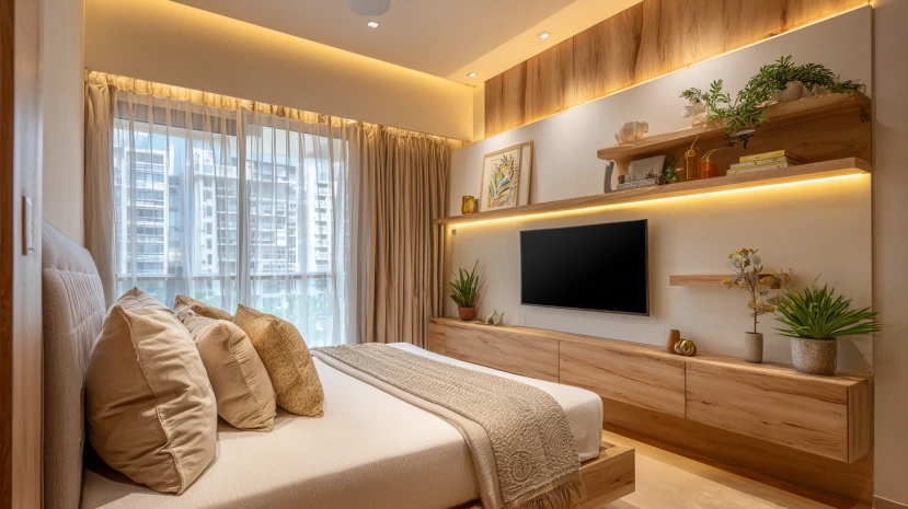 LED tv panel design for bedroom with floating shelves