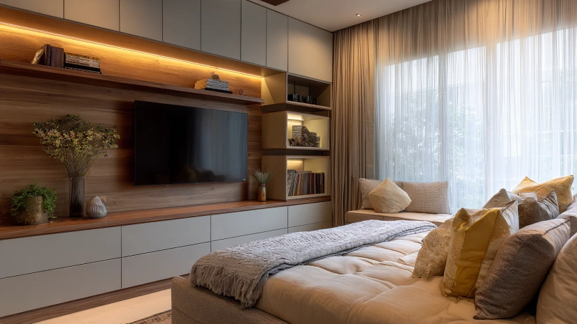 LED-lit tv panel design for bedroom with storage drawers