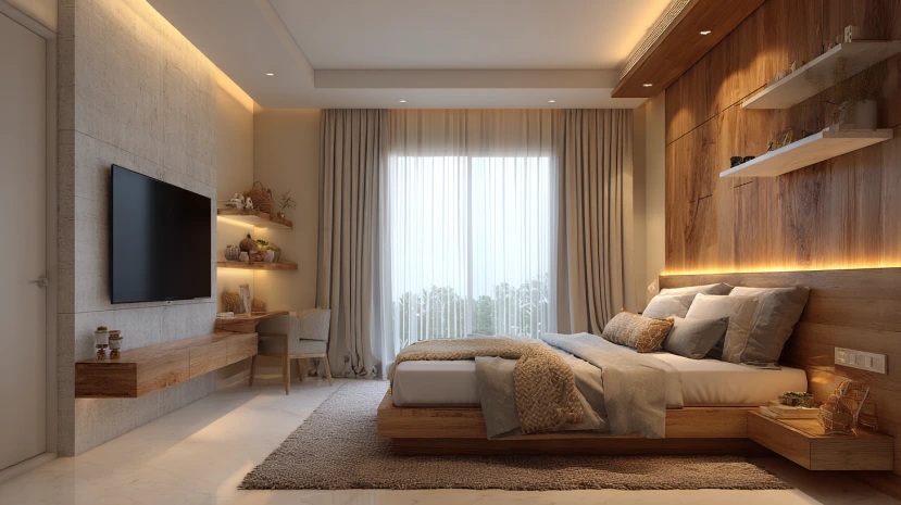 wooden finish LED tv panel design for bedroom