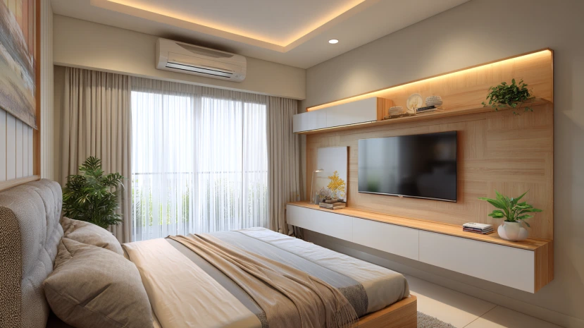wooden texture LED tv panel design for bedroom