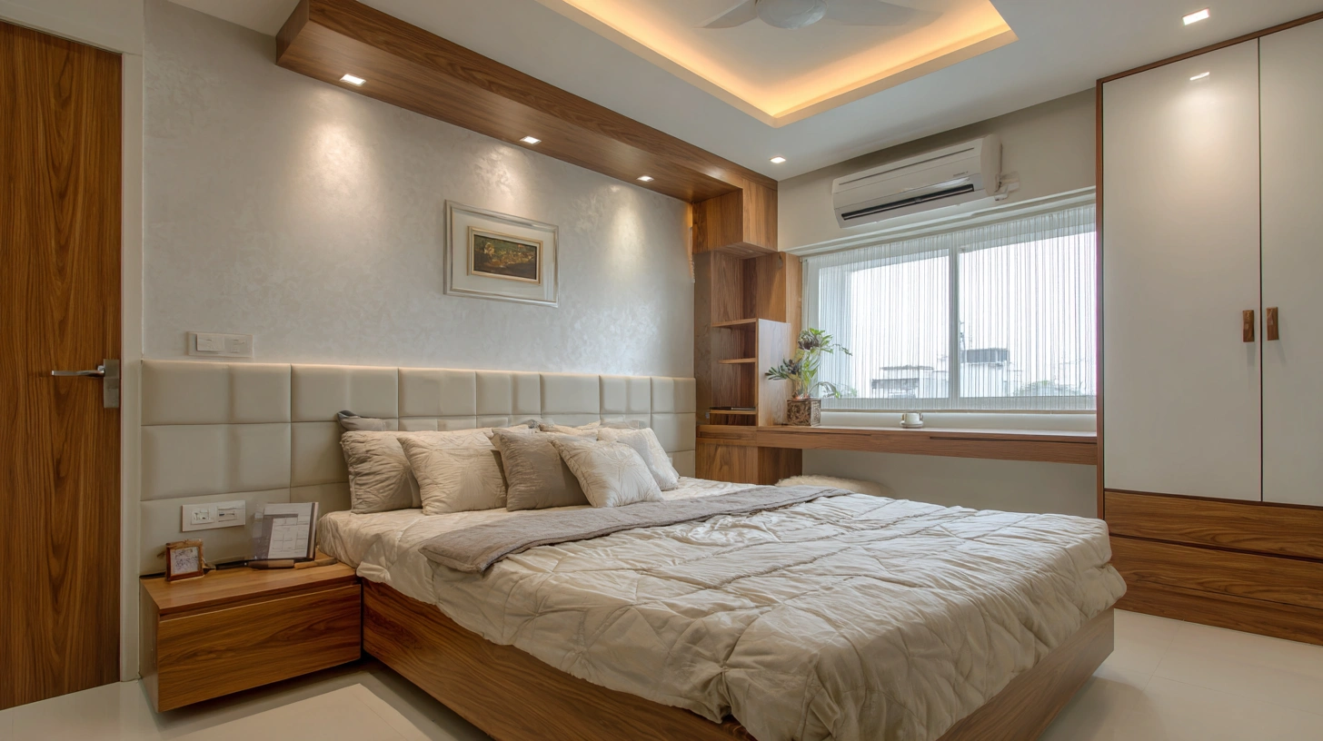Minimalist bedroom featuring a crisp white POP false ceiling
