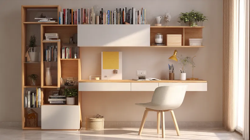 bedroom study table with built-in bookshelf and sleek compact design