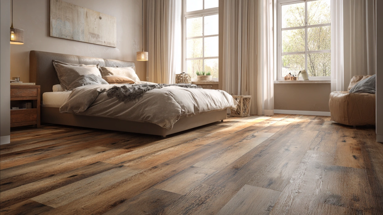 Bedroom with warm wood-look vinyl flooring