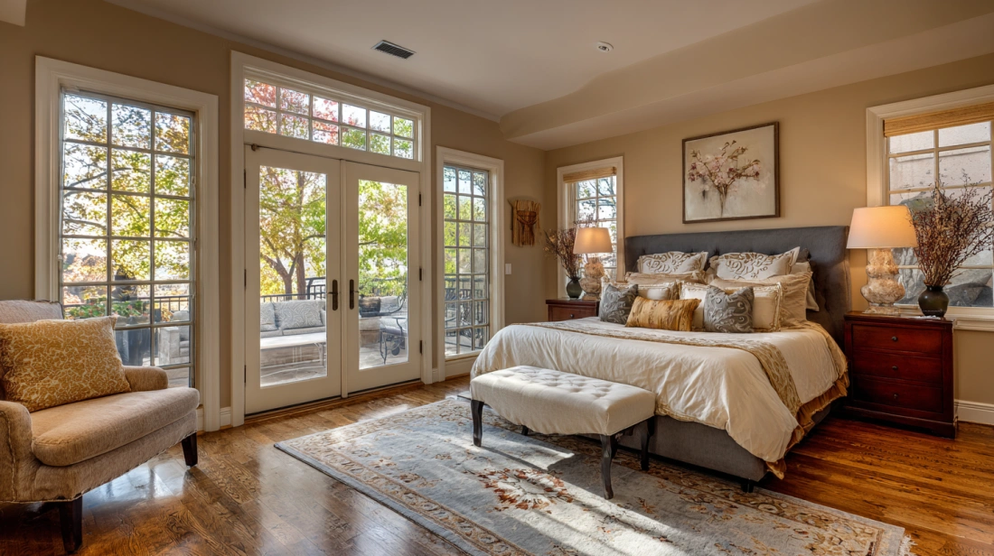 Master bedroom with attached walk-in closet and luxury bath