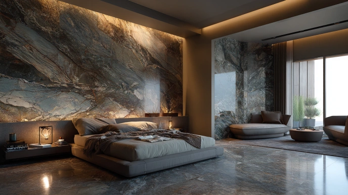 Granite flooring adds durability and elegance to bedroom interiors.