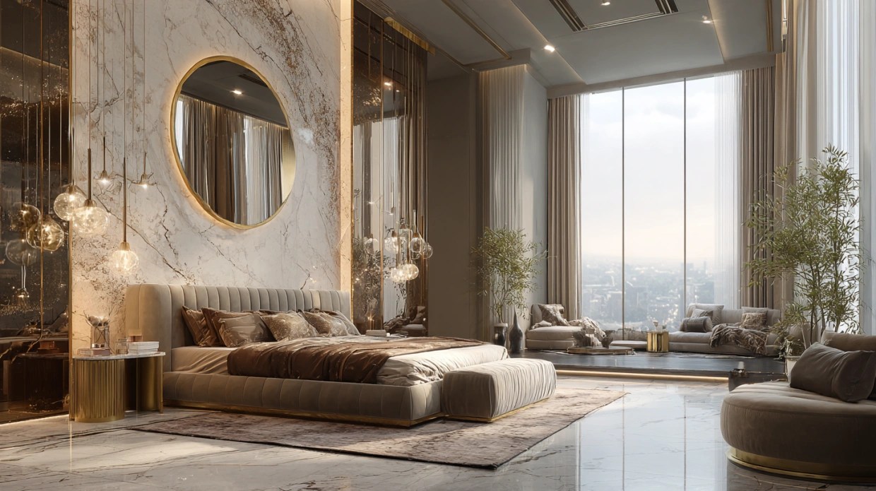 Luxury bedroom with elegant decorative mirrors