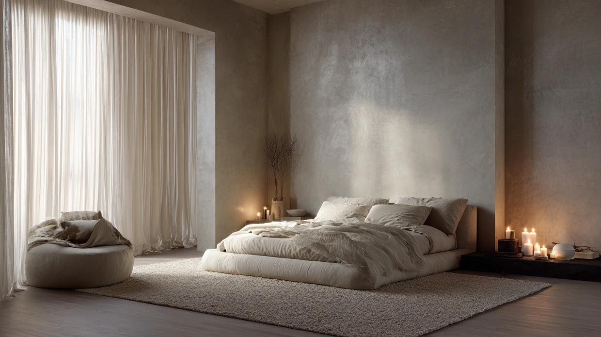 Soft neutral bedroom with layered textures and warm light