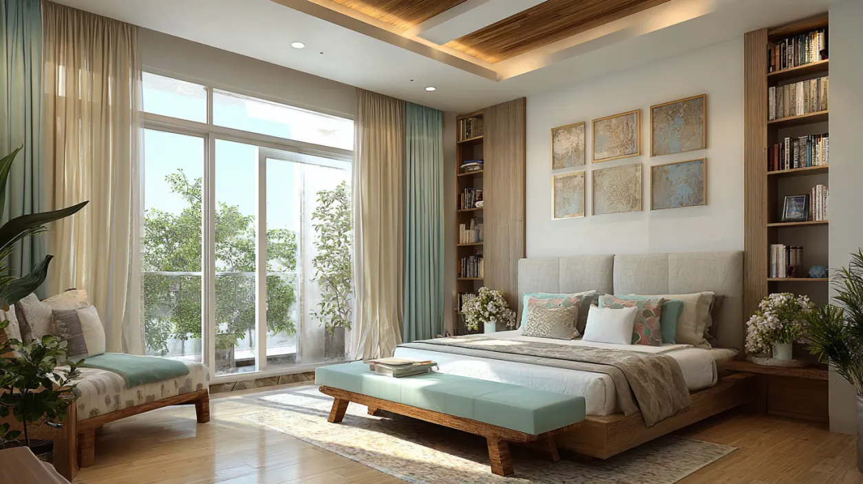 Serene bedroom design with teal accents and wood