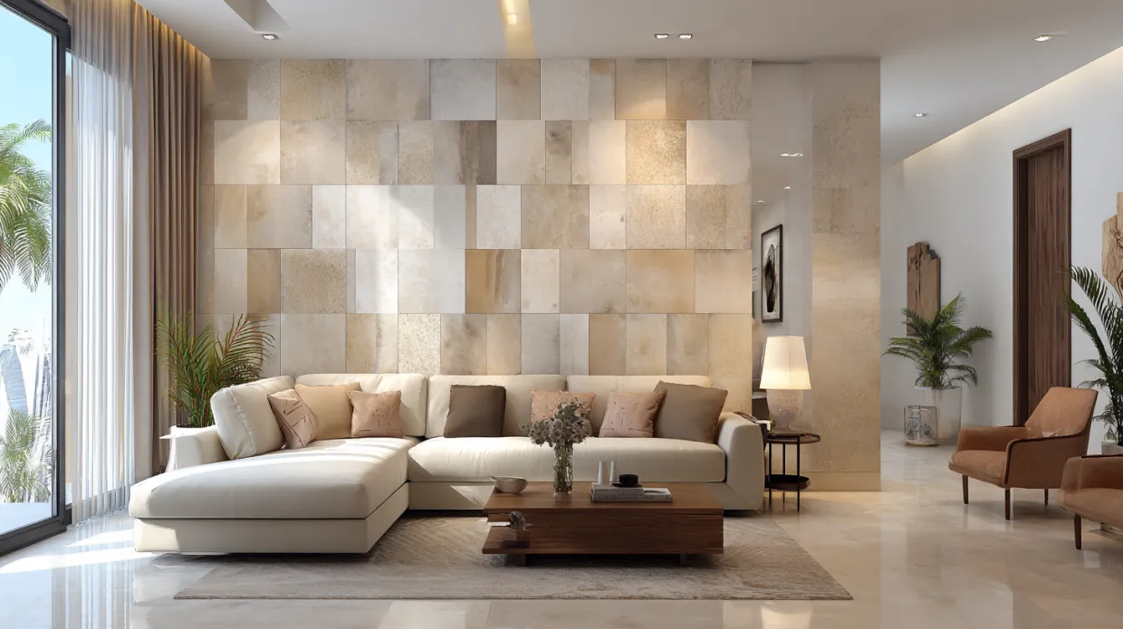 beige-coloured tiles for living room floors and walls, creating a warm, elegant, and timeless interior look