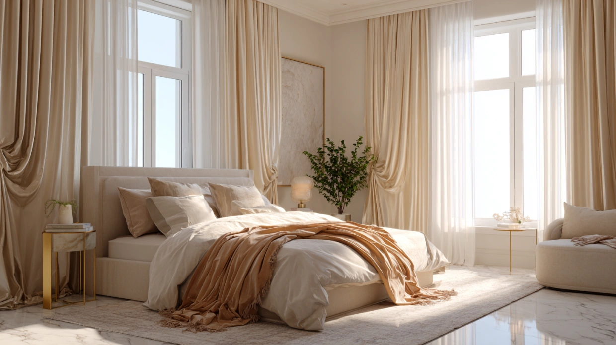 Calm beige bedroom with gold accents
