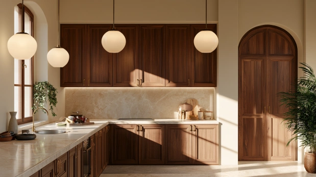 Beige marble countertop with wooden cabinets